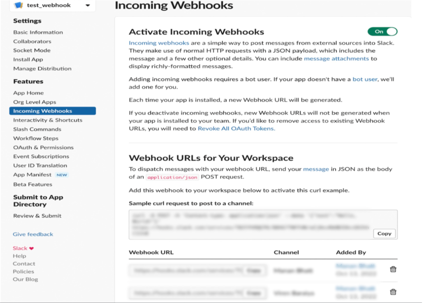Activating incoming webhooks for Slack app to enable permission to post in channels