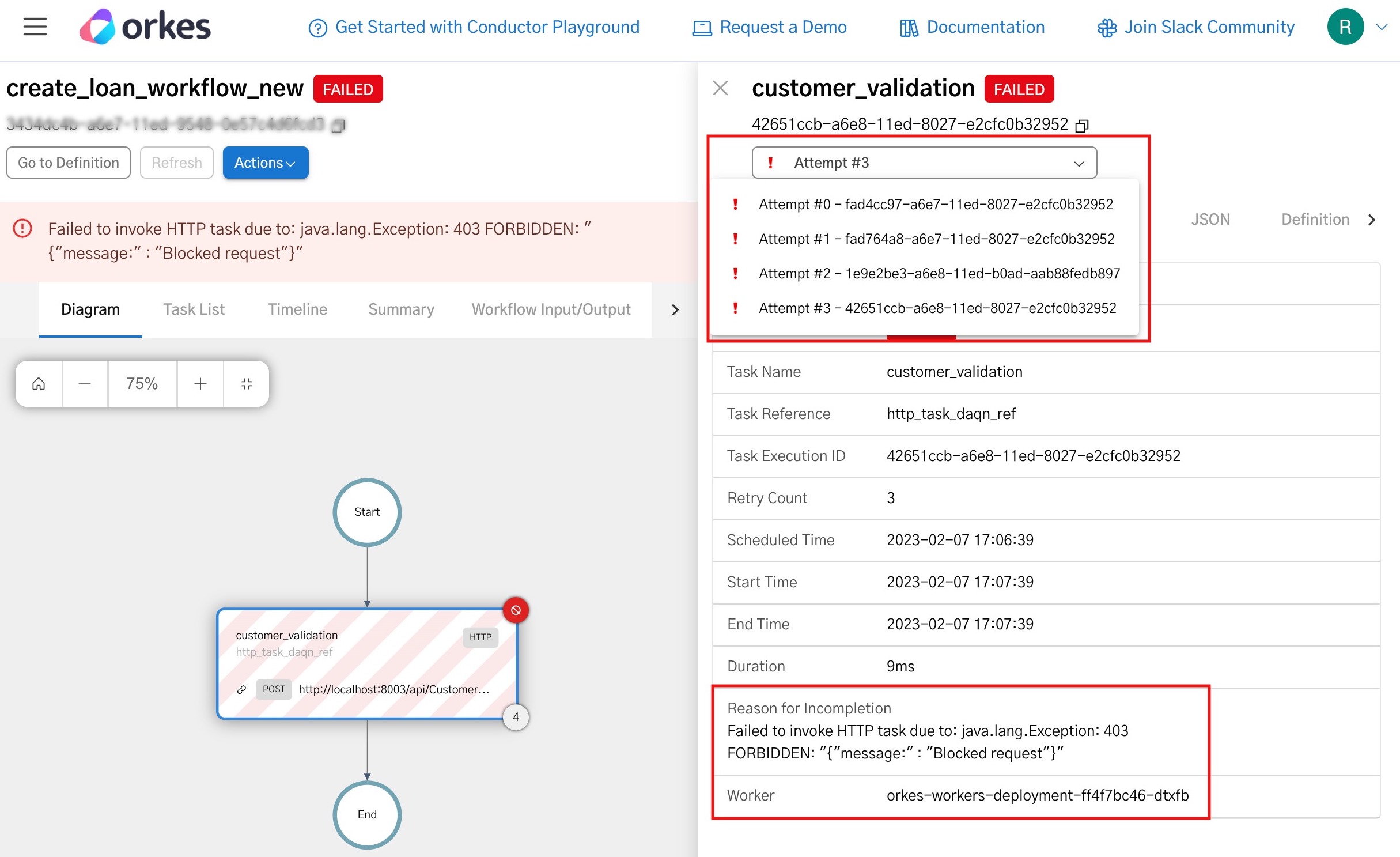 Failure reasons for the task