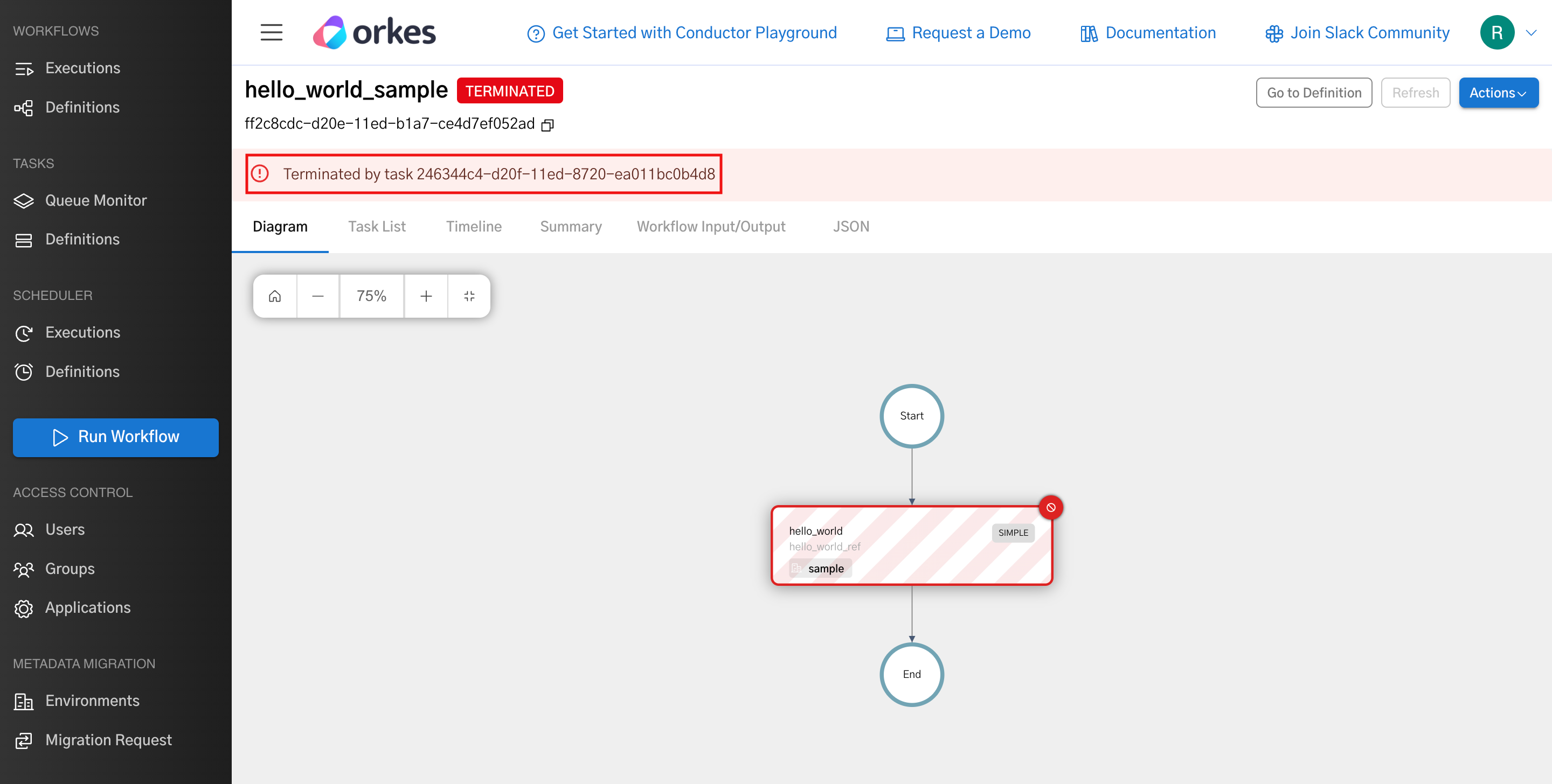 View of the terminated workflow