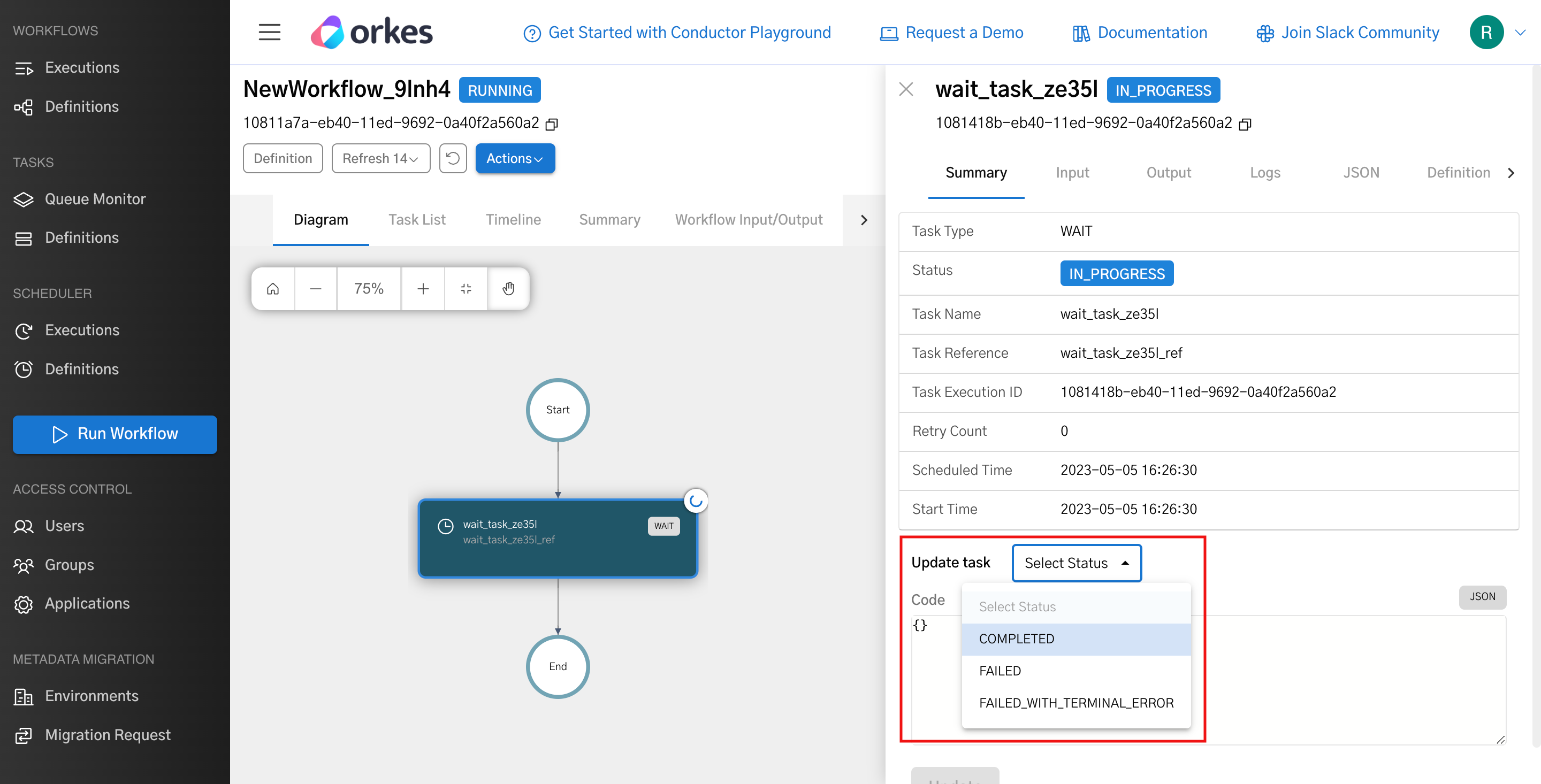 Pausing workflow using wait task