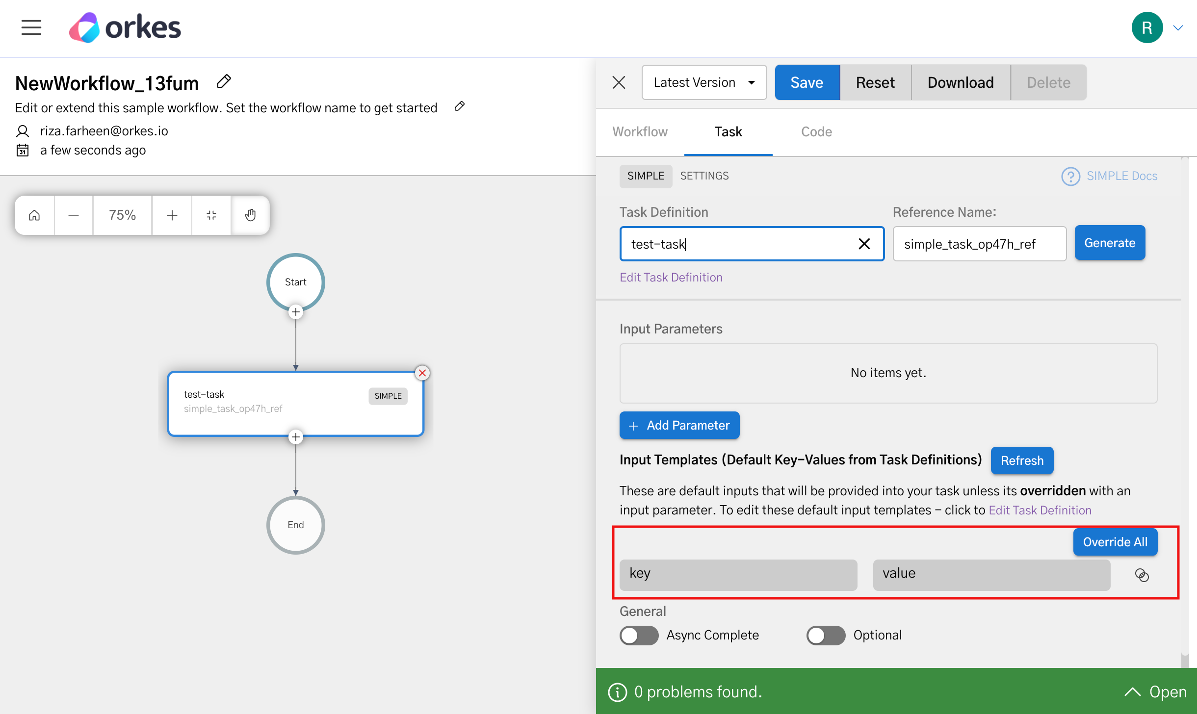 Workflow definition with task input template supplied already