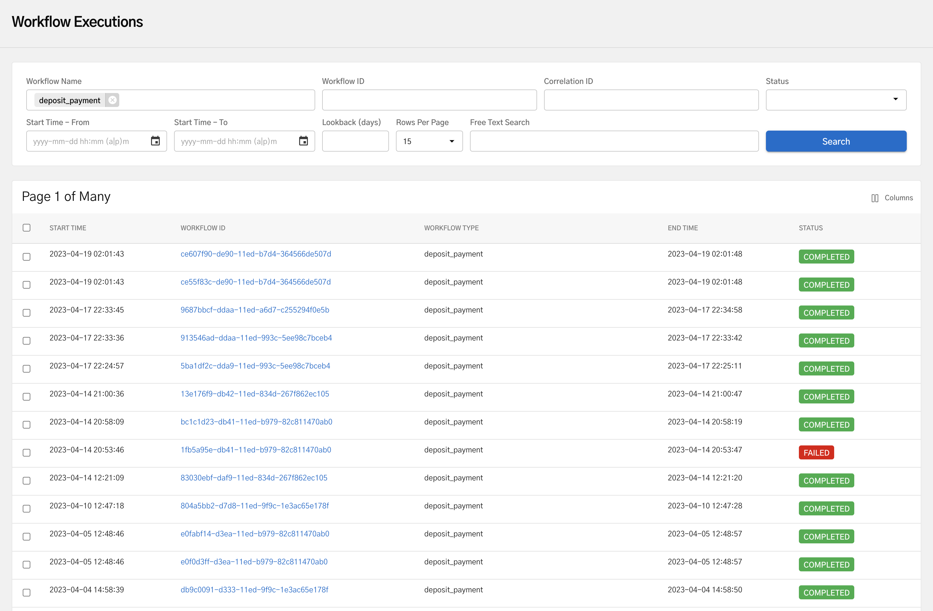 Workflow Executions page
