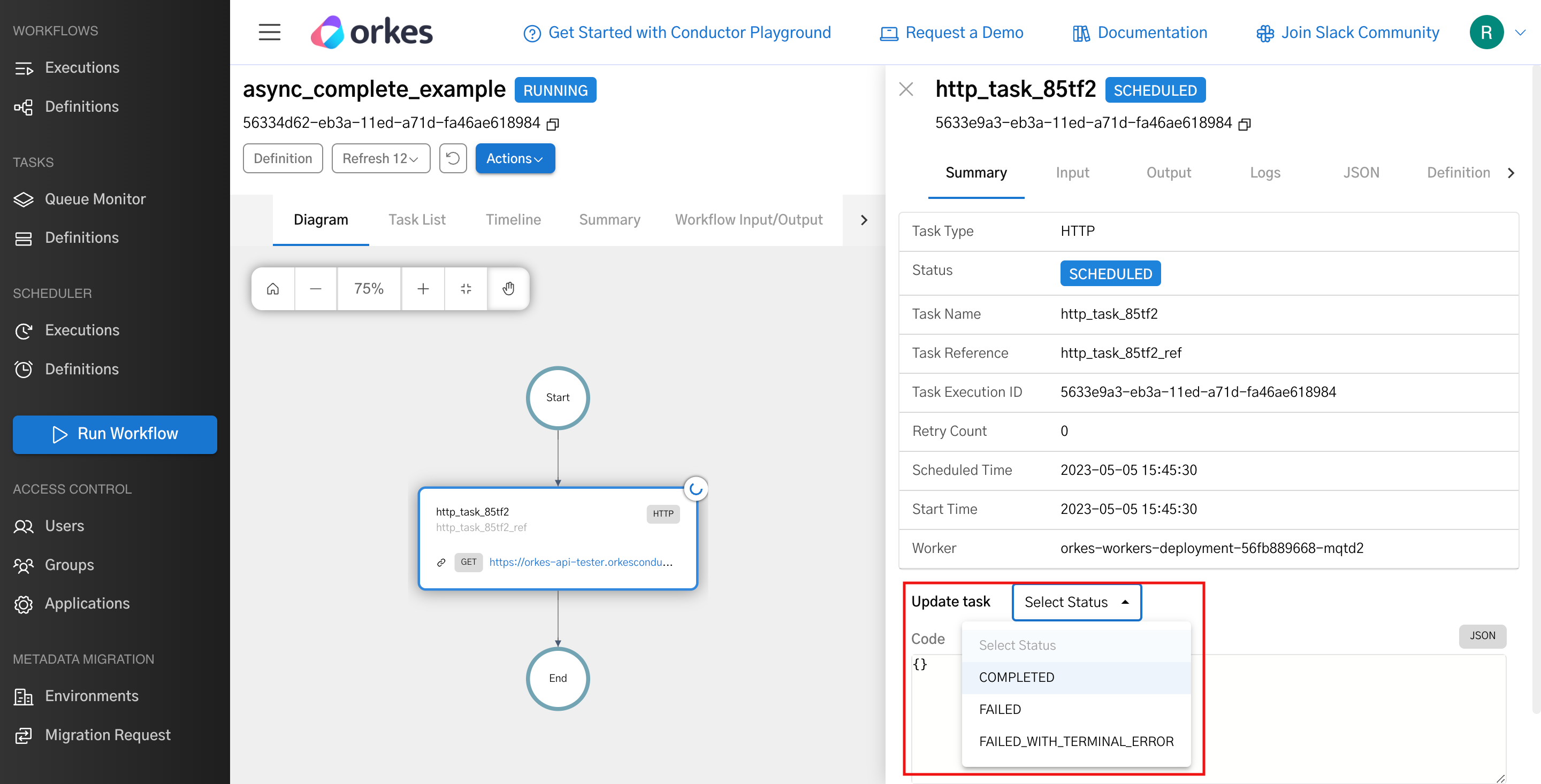 Updating workflow status from Conductor UI