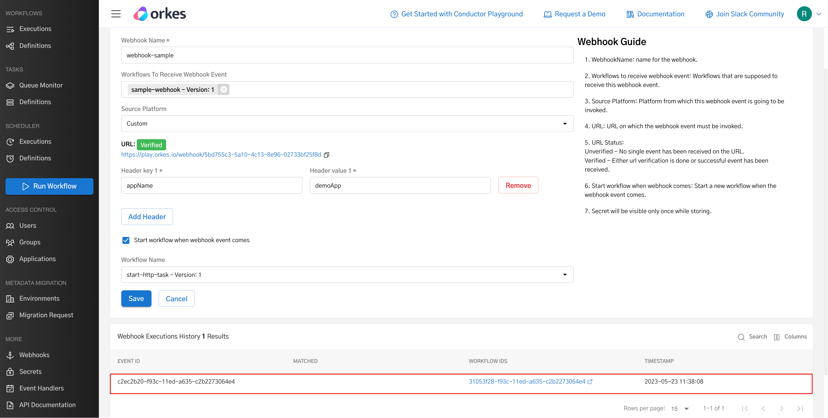 Workflow with webhook task triggered on receiving webhook event