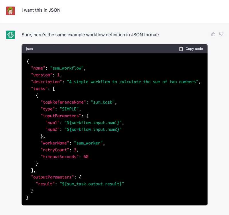 ChatGPT generated workflow to find the sum of 2 numbers in JSON