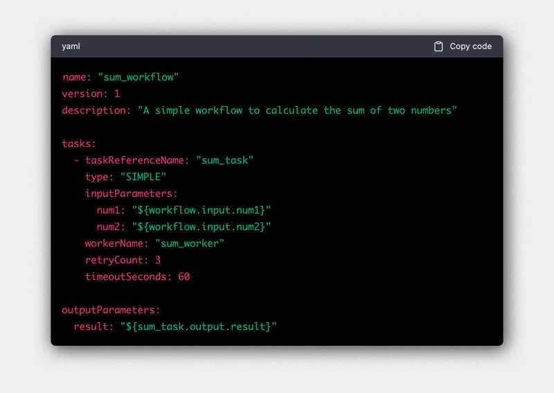 ChatGPT generated workflow to find the sum of 2 numbers in YAML