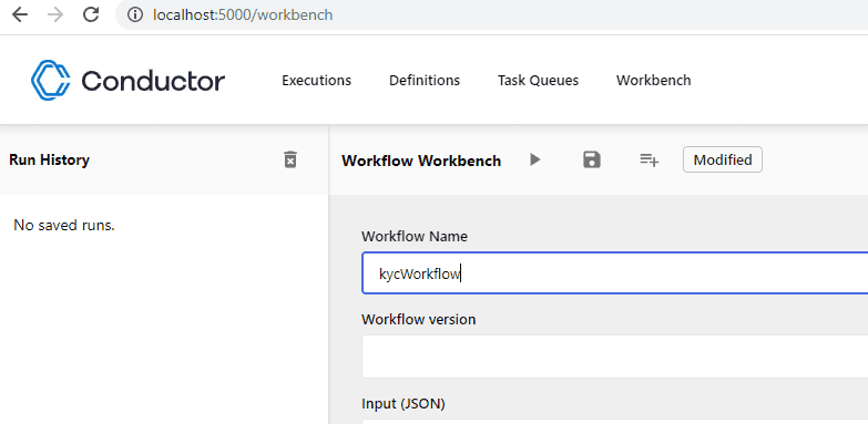 Start workflow in Conductor UI workbench